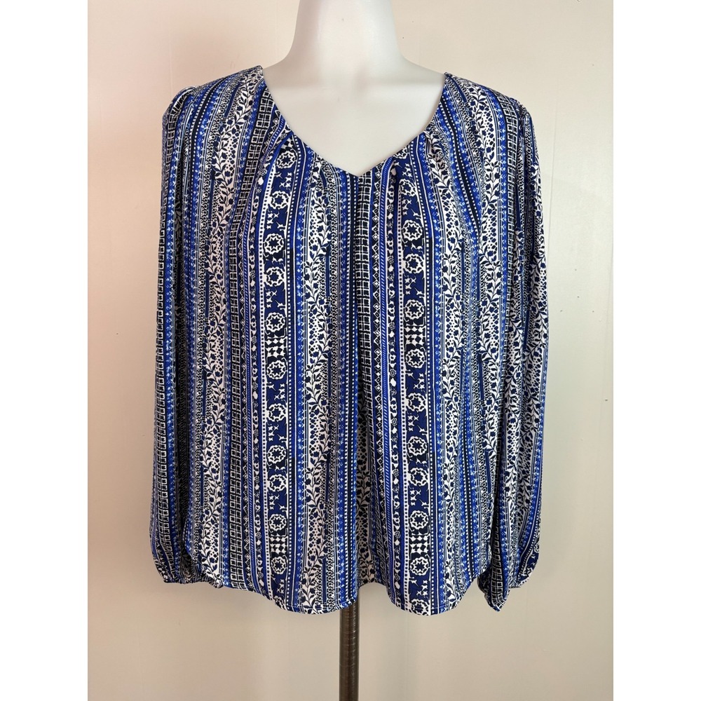 LOFT Top XS Blue White Floral Striped V-Neck Long Sleeve Blouse Women's
